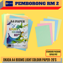 Load image into Gallery viewer, (RM2) OKADA A4 80GMS LIGHT COLOUR -20&#39;S / COLOUR PAPER / 80GMS / A4 LIGHT COLOUR
