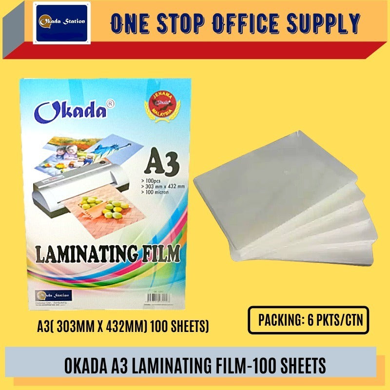 Okada A3 Laminating Film 100's / Laminating Pouch / Micron Plastic Laminating Pouch / Laminate Plastic