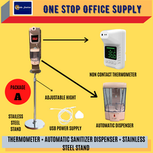 Load image into Gallery viewer, THERMOMETER + AUTOMATIC SANITIZER DISPENSER + STAINLESS STEEL STAND SET
