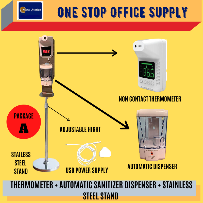 THERMOMETER + AUTOMATIC SANITIZER DISPENSER + STAINLESS STEEL STAND SET