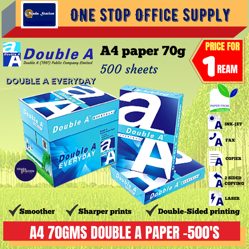 Double A  A4 PAPER (70gsm) 500'S / Quality Paper / White Paper/ Photostat Paper / Copier Paper / White Paper