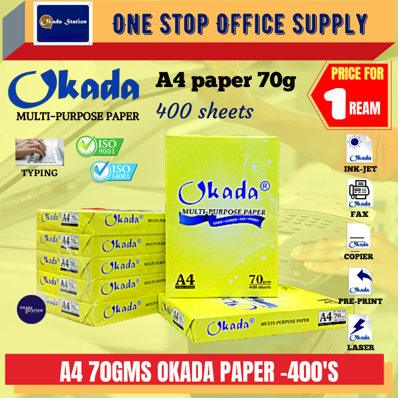 OKADA A4 PAPER (70gsm) 400'S / Quality Paper / White Paper/ Photostat Paper / Copier Paper / White Paper