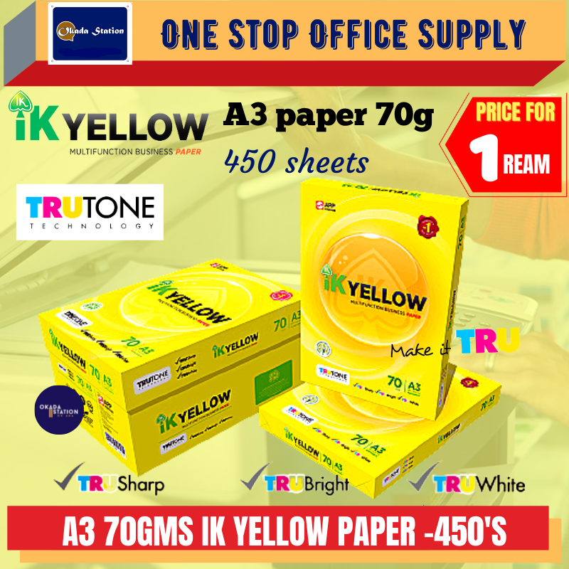 IK Yellow A3 PAPER (70gsm) 500'S / Quality Paper / White Paper/ Photostat Paper / Copier Paper / White Paper