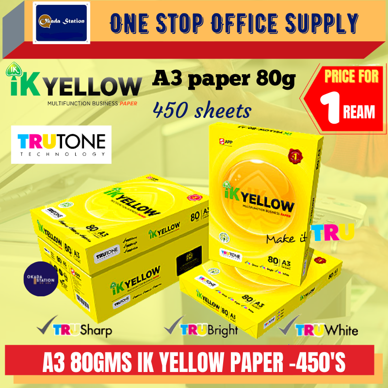 IK Yellow A3 PAPER (80gsm) 500'S / Quality Paper / White Paper/ Photostat Paper / Copier Paper / White Paper