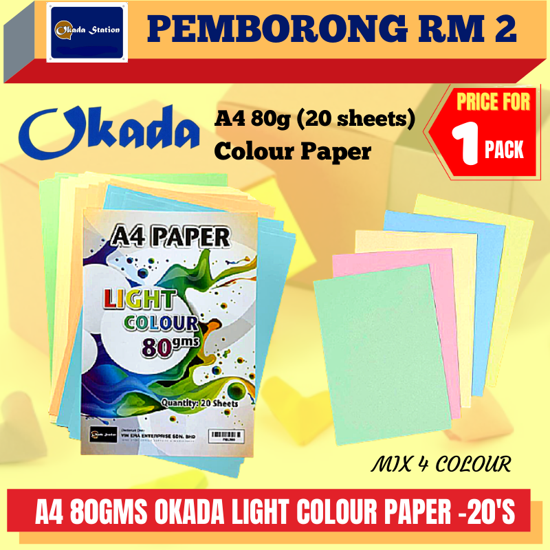 (RM2) OKADA A4 80GMS LIGHT COLOUR -20'S / COLOUR PAPER / 80GMS / A4 LIGHT COLOUR