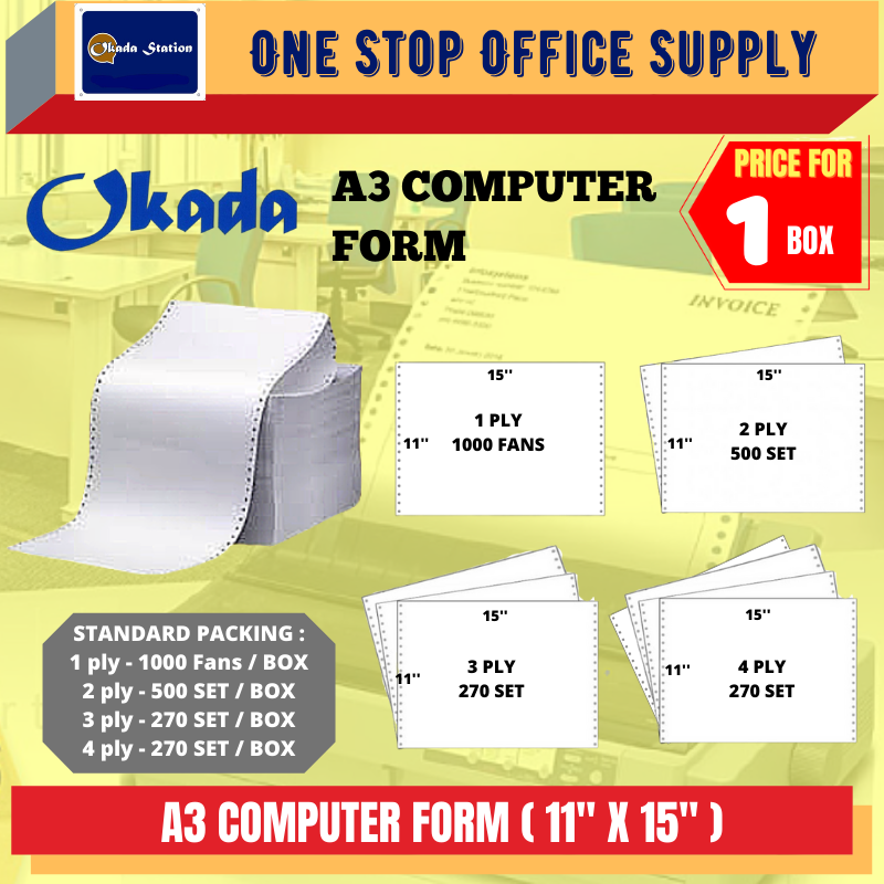 A3 NCR COMPUTER PAPER (11'' X 15'') / Computer Form Paper / 1ply 2ply 3ply 4ply / A3 Computer Form