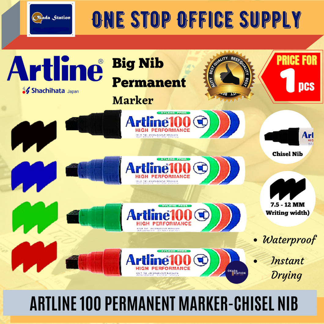 Artline 100 Permanent Marker Pen (Chisel Point) / Big Nib Marker Pen / Permanent Marker / Chisel Point